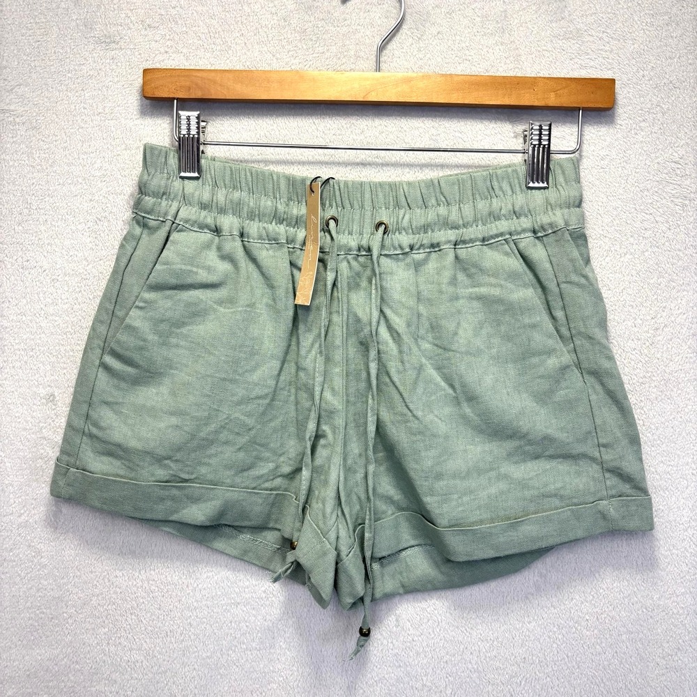 NWT Love‎ Tree Linen Blend Drawstring Shorts Womens Small S Green Elastic Waist